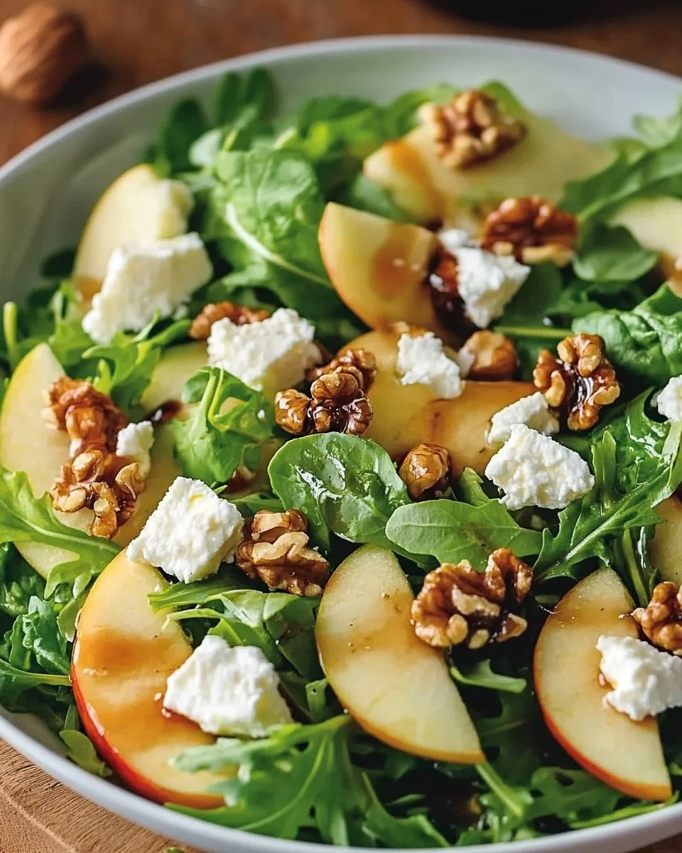 Frischer Apfel-Walnuss-Salat mit Äpfeln und Walnüssen auf einem Teller angerichtet.