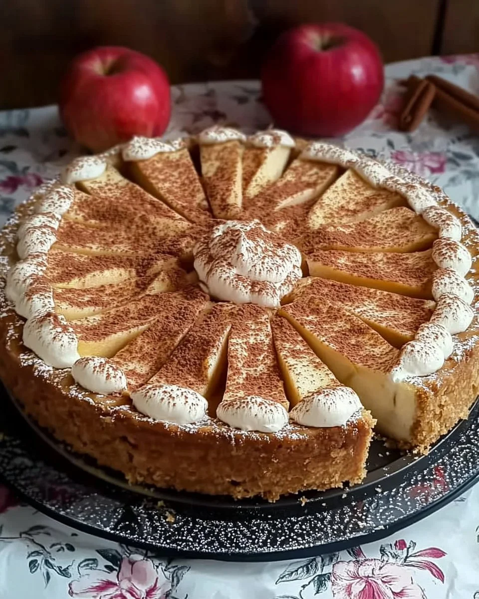 Apfelkuchen mit Sahne-Zimt-Haube auf einem Teller serviert