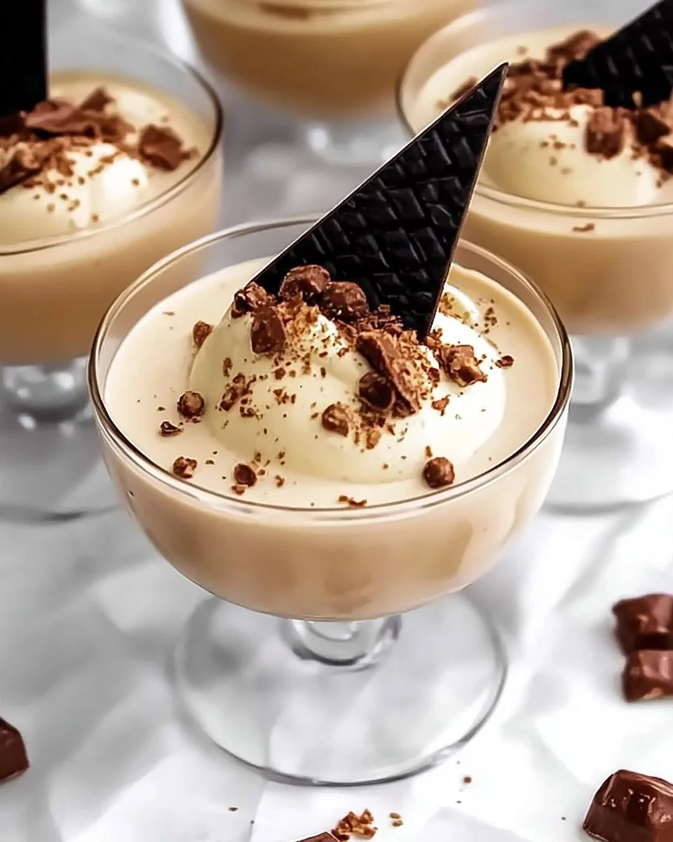 Verführerisches Baileys Mousse mit Schokoladendekor und Sahnehaube