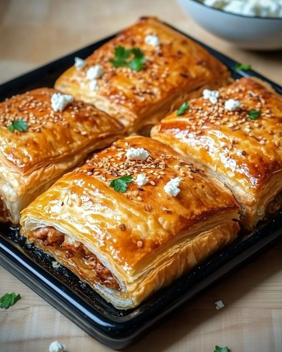 Blätterteig gefüllt mit Gyros und Feta-Käse auf einem Teller