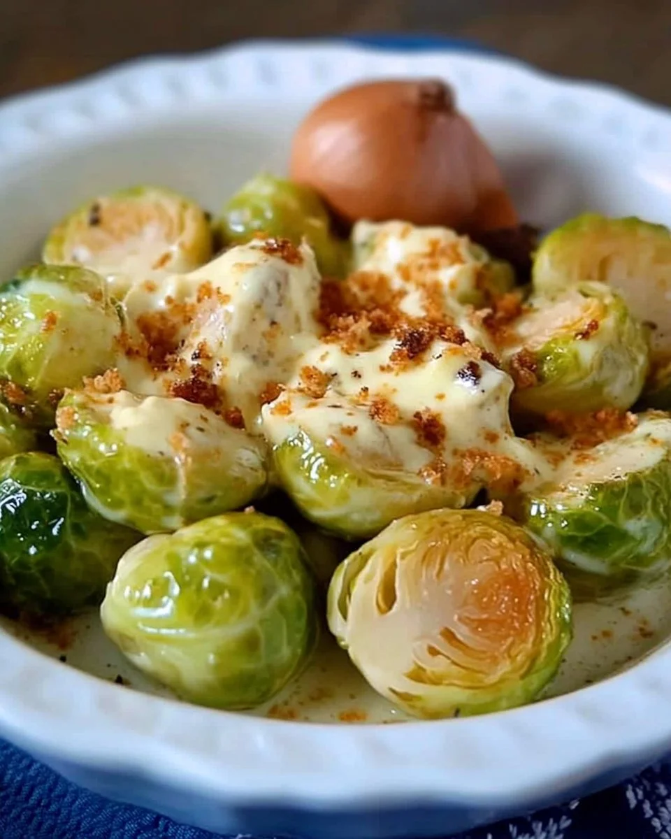 Brussels Sprouts with Cream Cheese Mustard Sauce on a plate