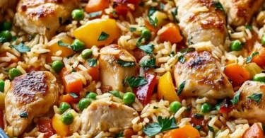 Bunter Reisauflauf mit Gemüse und Hühnchen auf einem Teller serviert.