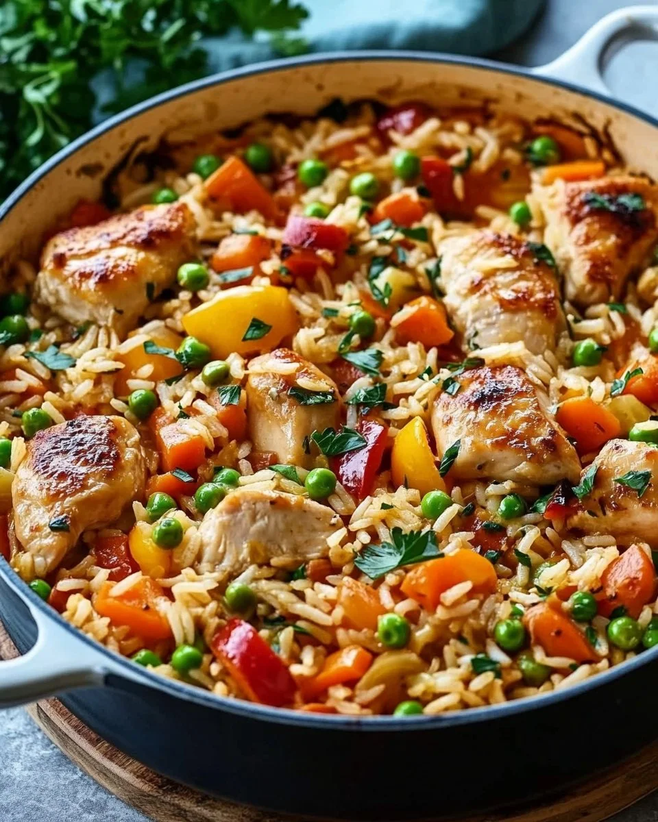 Bunter Reisauflauf mit Gemüse und Hühnchen auf einem Teller serviert.