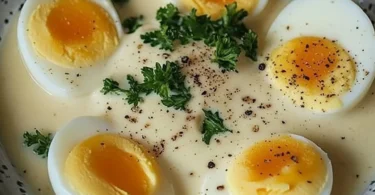 Gekochte Eier in einer cremigen Senfsauce auf einem Teller serviert.