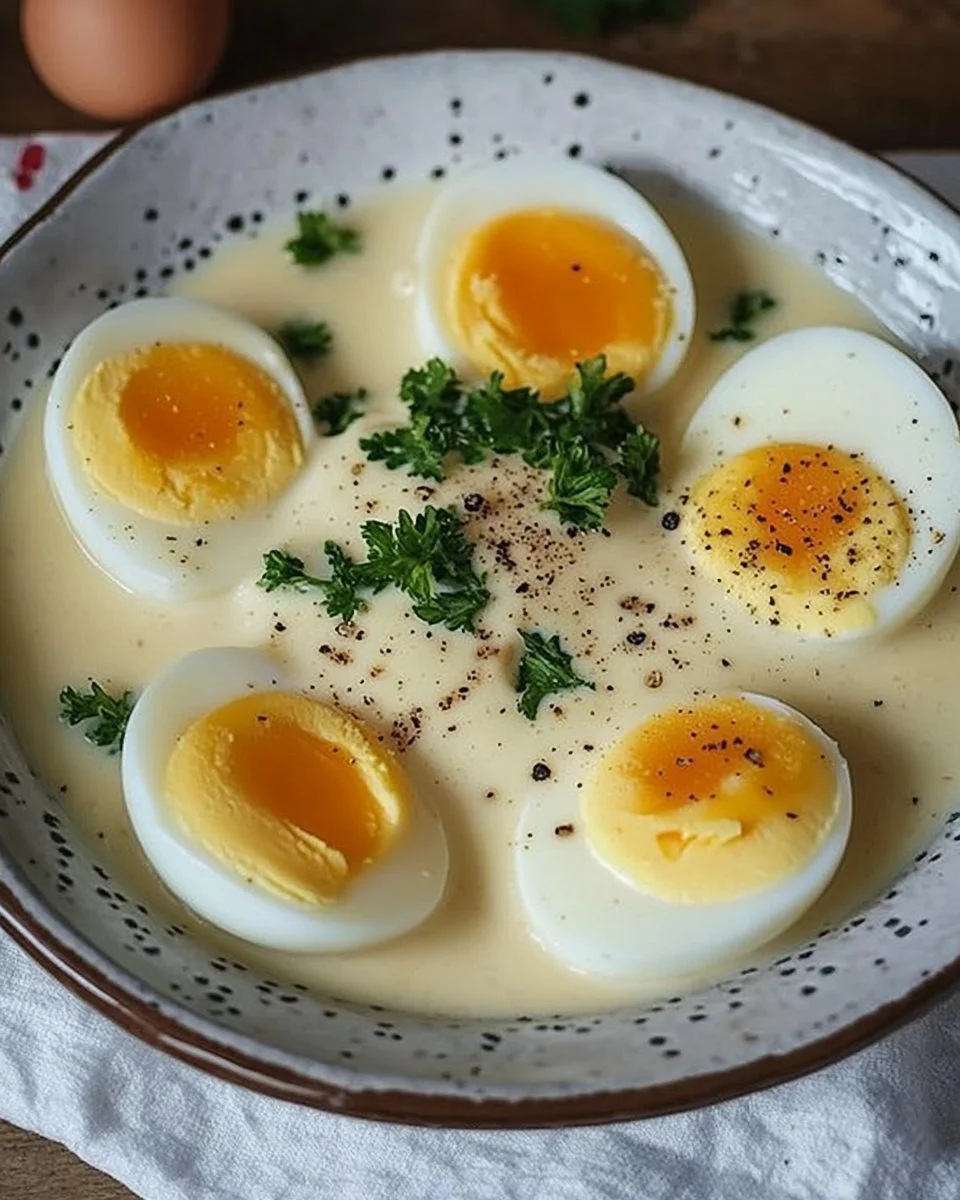 Gekochte Eier in einer cremigen Senfsauce auf einem Teller serviert.