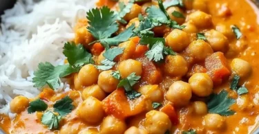 Schüssel mit einfachem Kichererbsen-Curry, serviert mit frischen Kräutern