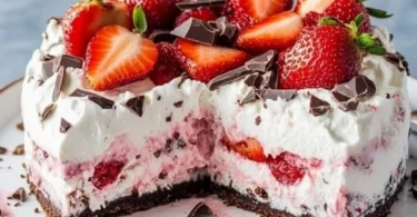 Eistorte mit Erdbeeren auf einem Tisch, dekoriert mit frischen Erdbeeren.