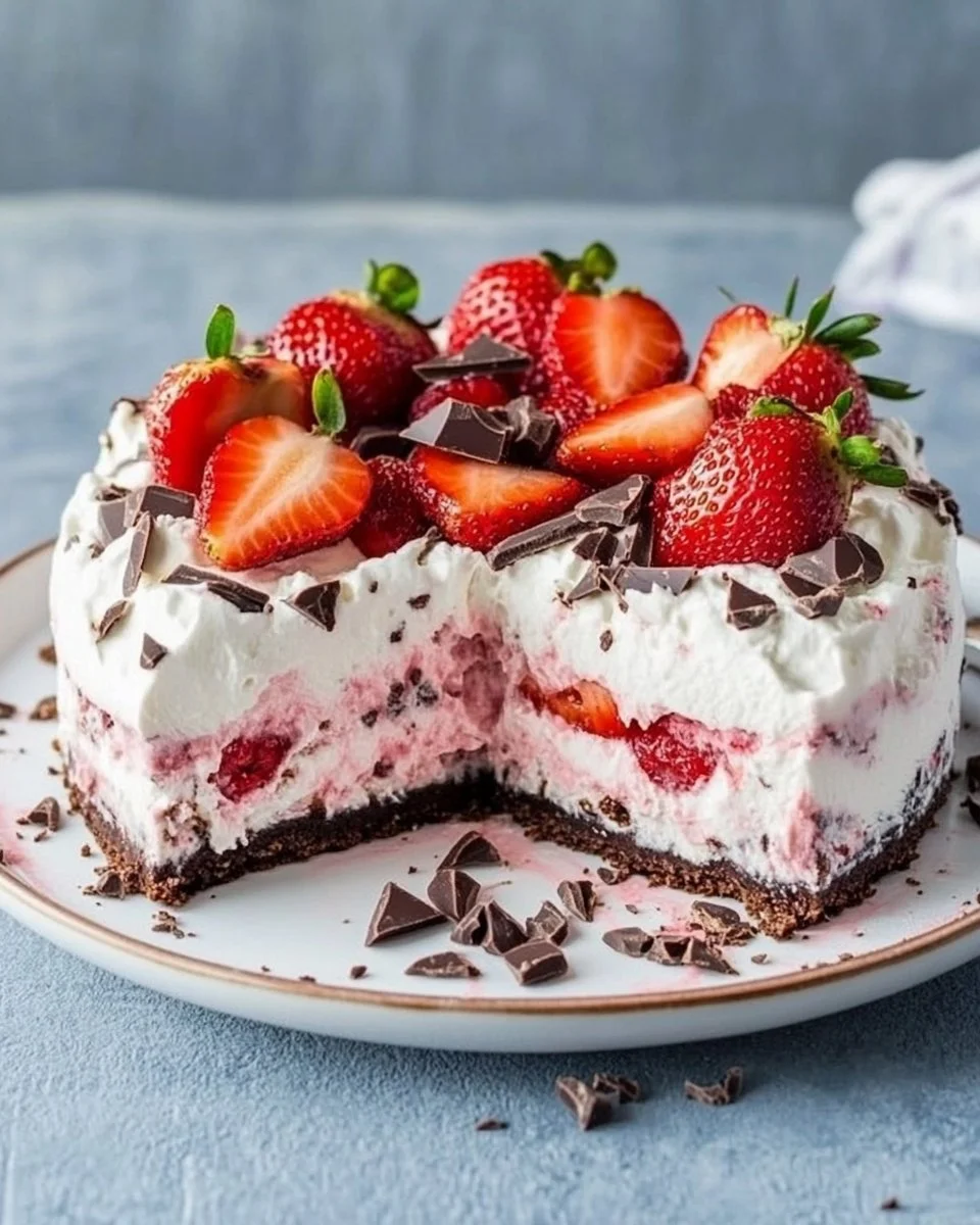 Eistorte mit Erdbeeren auf einem Tisch, dekoriert mit frischen Erdbeeren.