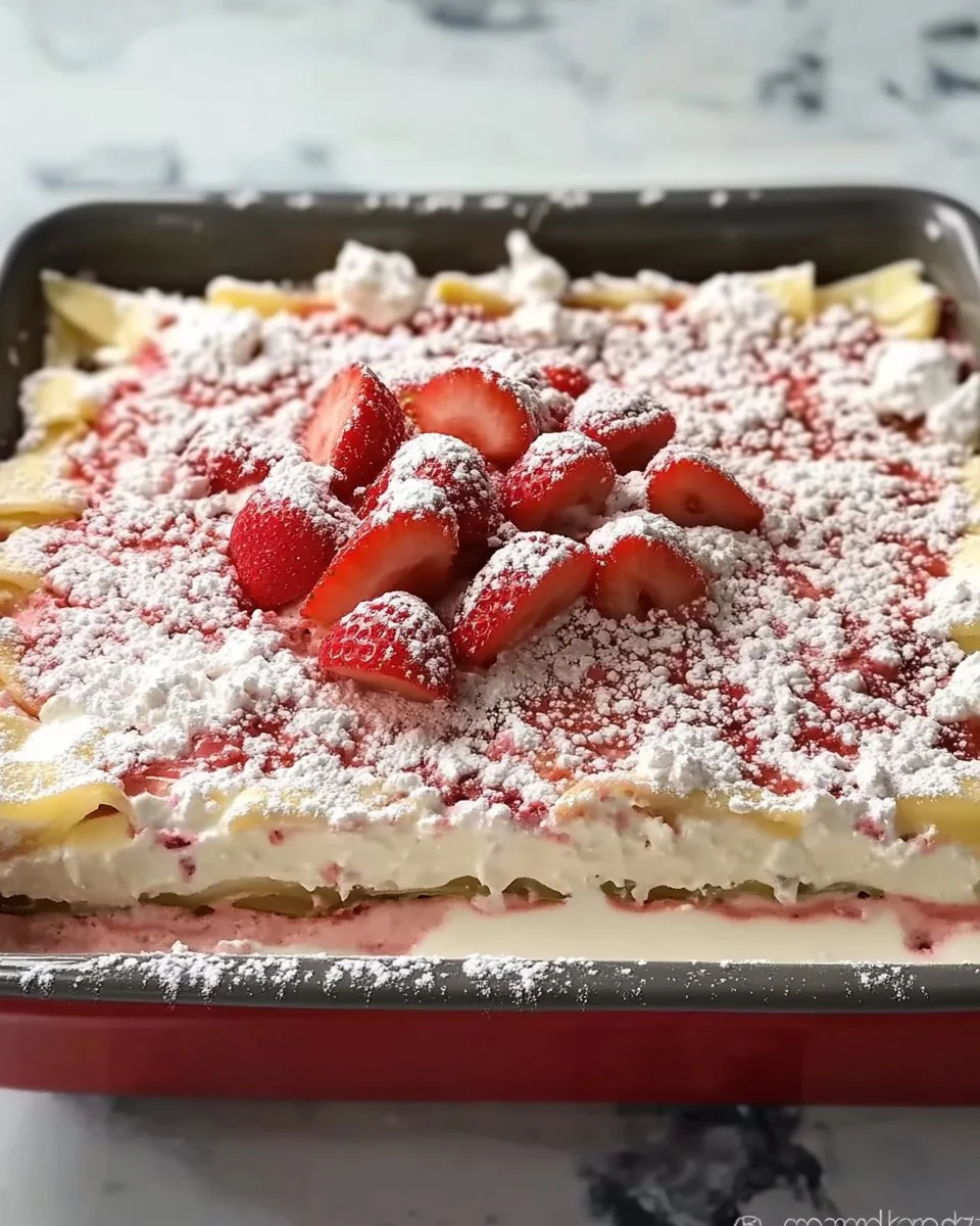Leckere Erdbeer-Lasagne mit frischen Erdbeeren und cremiger Schicht.