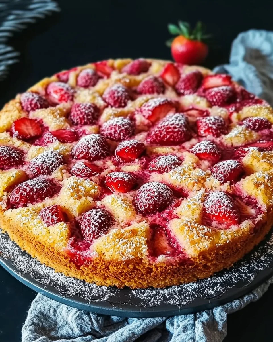 Erdbeer-Rhabarber-Joghurtkuchen auf einem Teller, dekoriert mit frischen Erdbeeren.