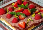 Erdbeer-Tiramisu mit frischen Erdbeeren und Mascarpone-Creme in einer eleganten Schale
