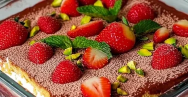 Erdbeer-Tiramisu mit frischen Erdbeeren und Mascarpone-Creme in einer eleganten Schale