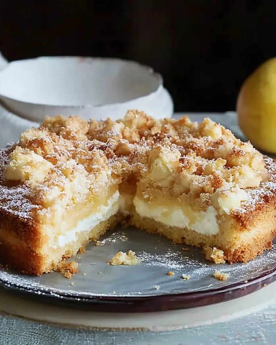 Feiner Apfel-Birnenkuchen mit Quark-Joghurtcreme und Mandelstreuseln
