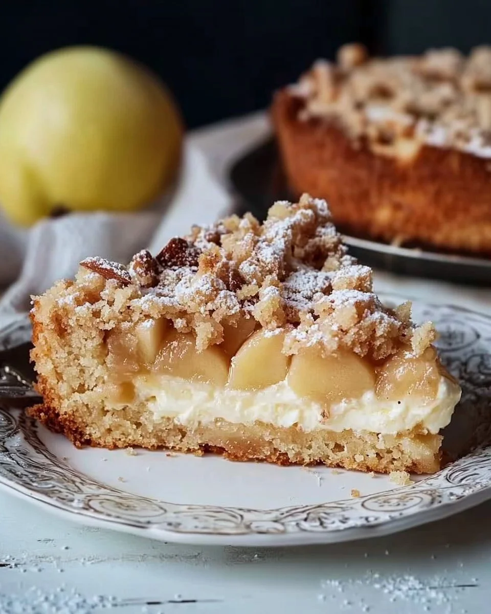 Feiner Apfel-Birnenkuchen mit Quark-Joghurtcreme und mürben Butter-Mandelstreuseln