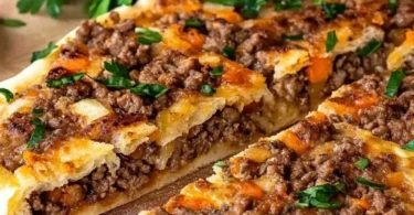 Fladenbrot mit Hackfüllung auf einem Teller, appetitlich angerichtet.