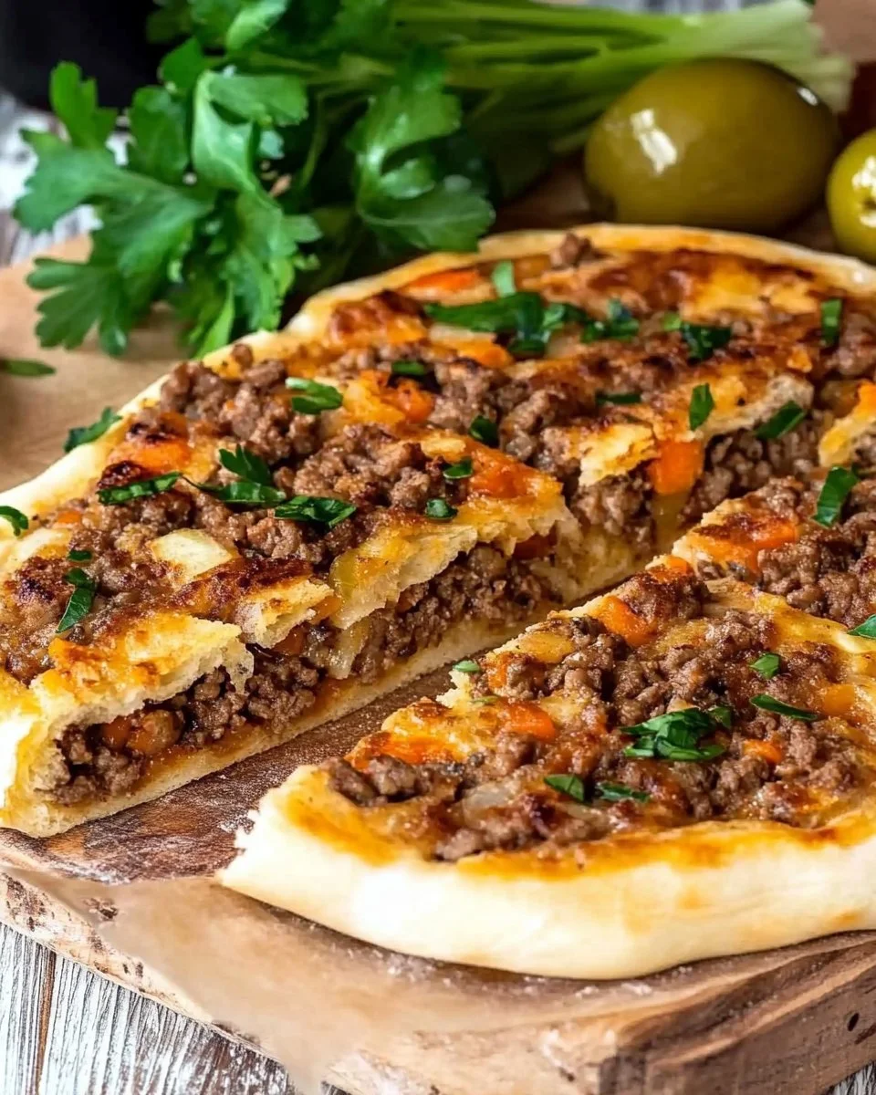 Fladenbrot mit Hackfüllung auf einem Teller, appetitlich angerichtet.