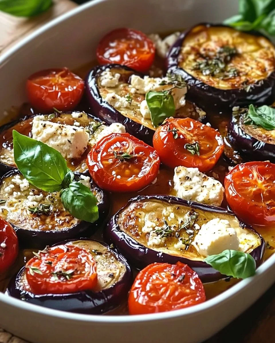 Gebackene Auberginen mit Feta und Kirschtomaten auf einem Teller