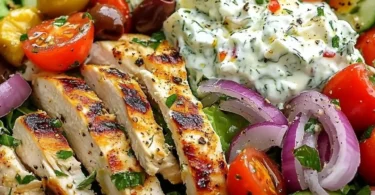 Griechischer Hähnchen Salat mit Tzatziki auf einem Teller serviert