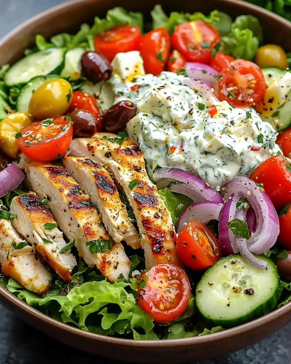 Griechischer Hähnchen Salat mit Tzatziki auf einem Teller serviert