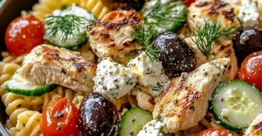 Griechischer Hähnchen-Tzatziki-Pasta-Salat in einer Schüssel