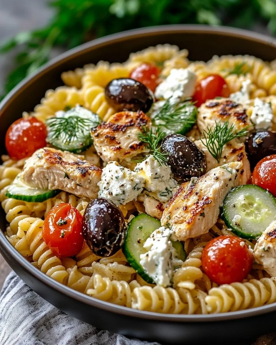 Griechischer Hähnchen-Tzatziki-Pasta-Salat in einer Schüssel