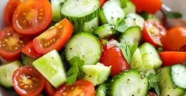 Leckere Gurken Tomaten Salat in einer Schüssel, perfekt für Sommergerichte.