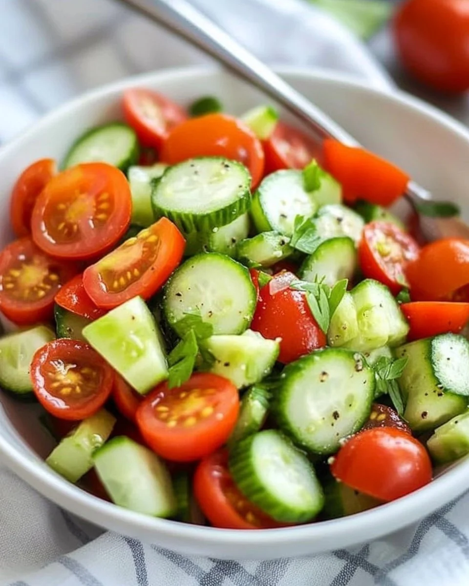 Leckere Gurken Tomaten Salat in einer Schüssel, perfekt für Sommergerichte.