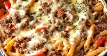 Leckeres Gyros-Nudelauflauf in Metaxasoße frisch zubereitet