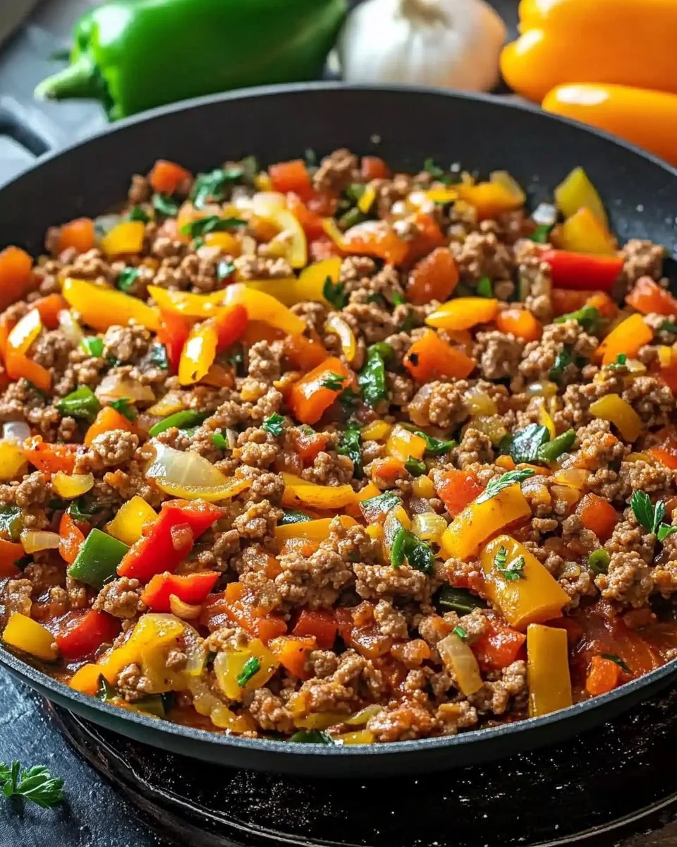 Leckere Hackfleisch Gemüse Pfanne auf einem Teller serviert