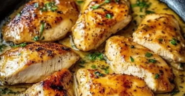 Hähnchenpfanne in Honig-Senfsoße auf einem Teller serviert