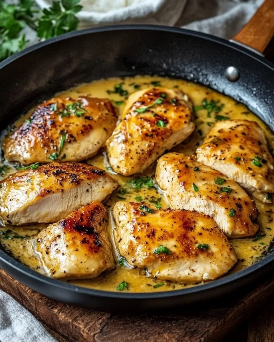 Hähnchenpfanne in Honig-Senfsoße auf einem Teller serviert
