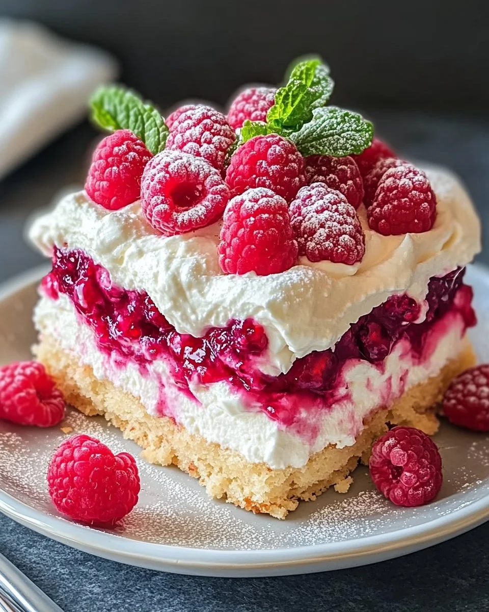 Himbeerwolke mit Mascarponecreme auf einem Teller serviert