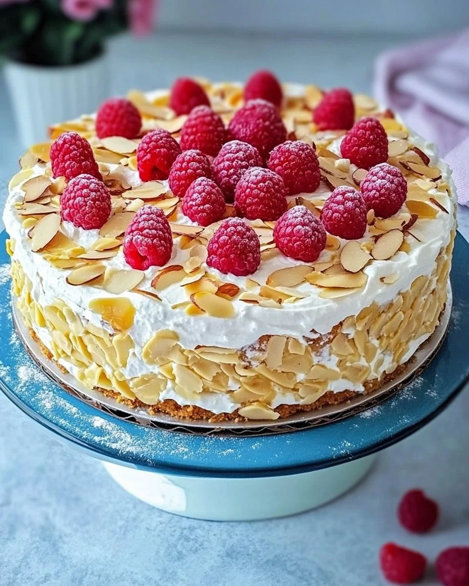 Himmelstorte mit frischen Himbeeren auf einem weißen Teller