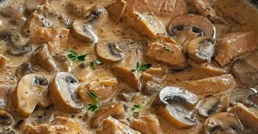 Kalbfleisch mit Champignons auf einem Teller serviert, dekoriert mit frischen Kräutern.