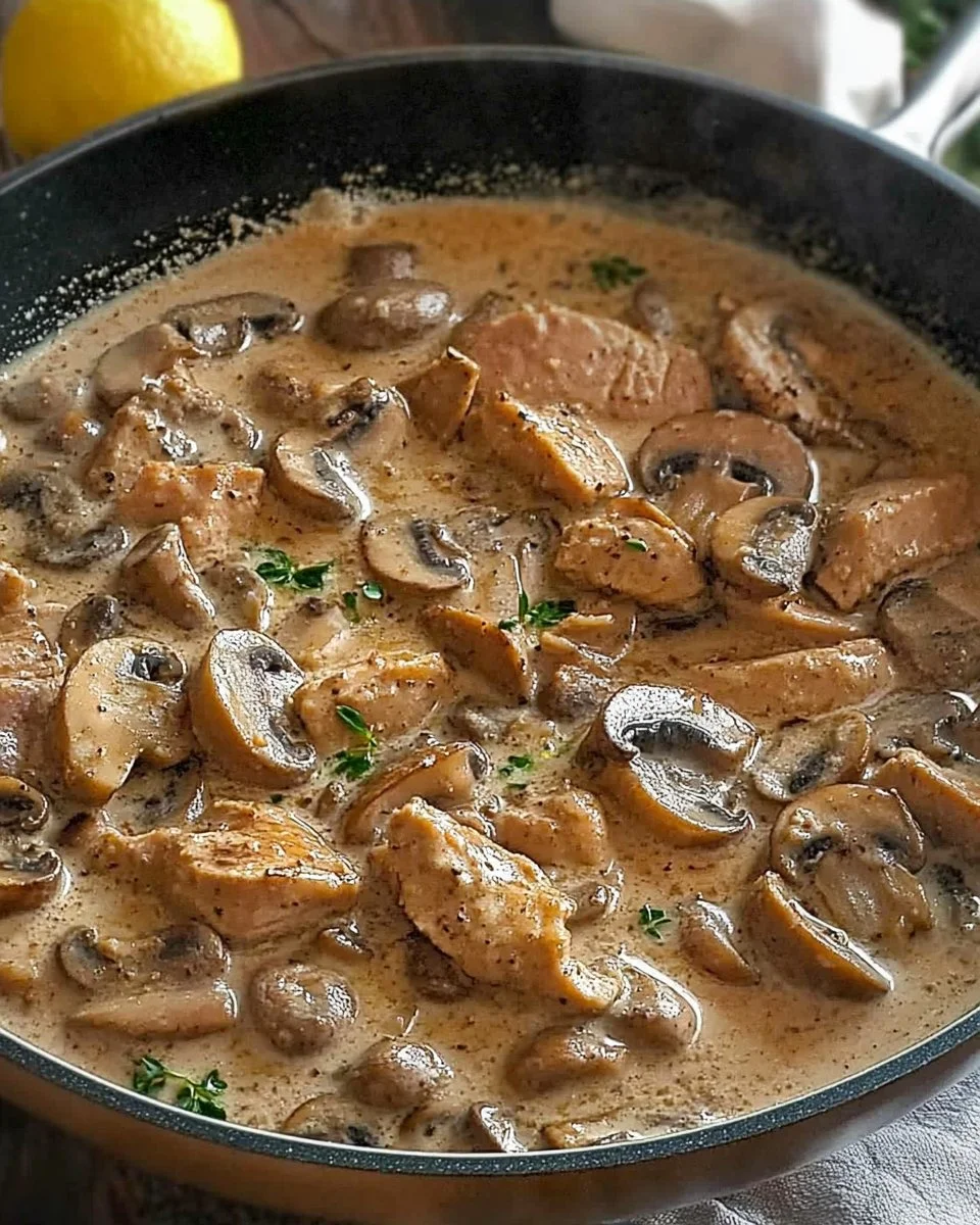 Kalbfleisch mit Champignons auf einem Teller serviert, dekoriert mit frischen Kräutern.