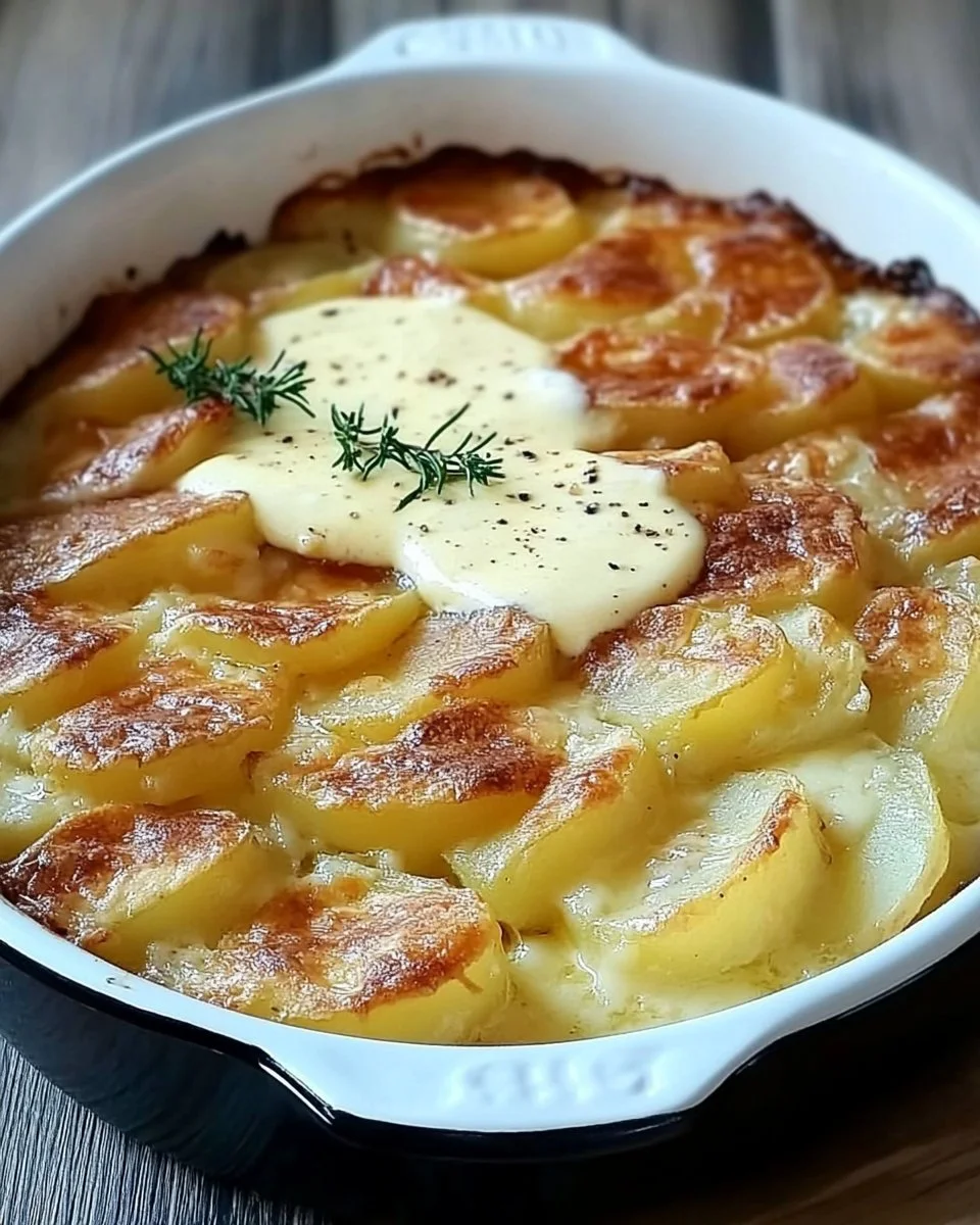Leckeres Kartoffelgratin aus frischen Kartoffeln und Sahne überbacken