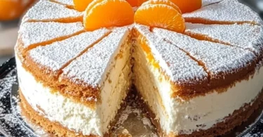 Leckere Käsesahnetorte mit Mandarinen auf einem Teller