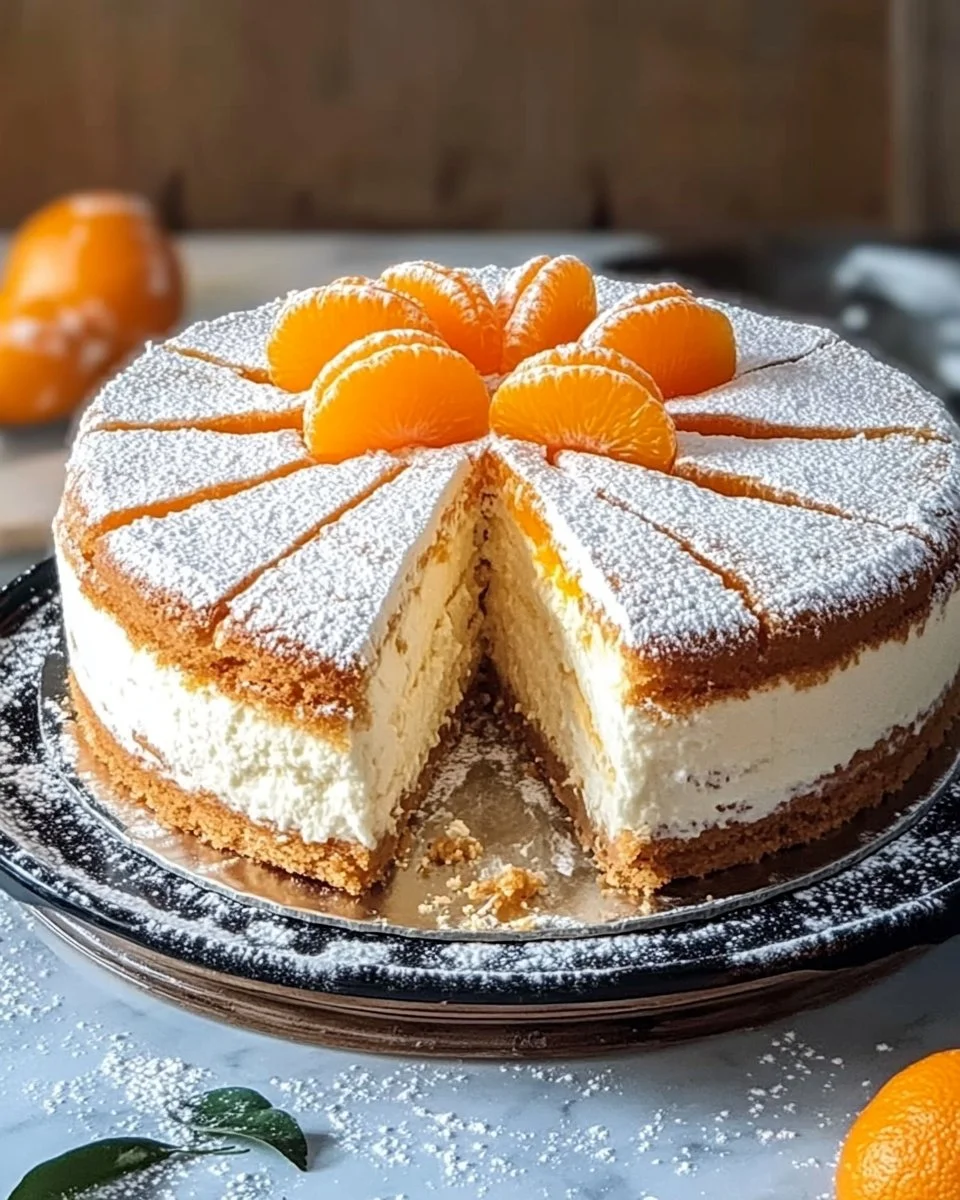 Leckere Käsesahnetorte mit Mandarinen auf einem Teller