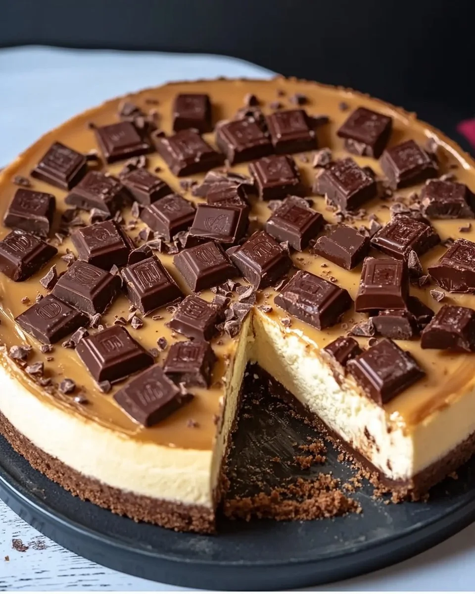 Leckerer Kinderriegel-Käsekuchen mit Schokoladengeschmack und cremiger Füllung.