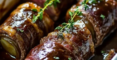 Klassische Rinderrouladen aus dem Ofen mit Beilagen serviert.