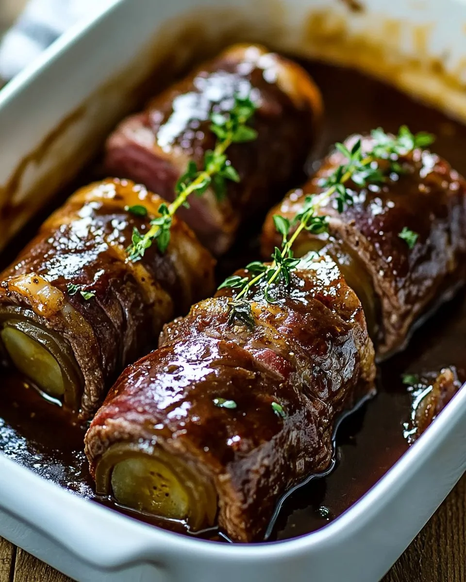 Klassische Rinderrouladen aus dem Ofen mit Beilagen serviert.