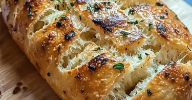 Ein Stück fluffiges Knoblauchbrot ohne Kneten auf einem Holzbrett.