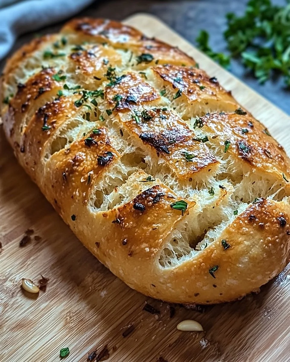 Ein Stück fluffiges Knoblauchbrot ohne Kneten auf einem Holzbrett.