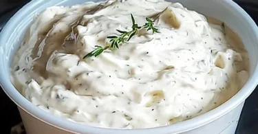 Cremiger Knoblauchdip in einer Schüssel mit frischem Brot