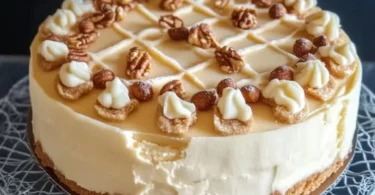 Lübecker Marzipan Nusstorte mit Nüssen und Marzipan dekoriert