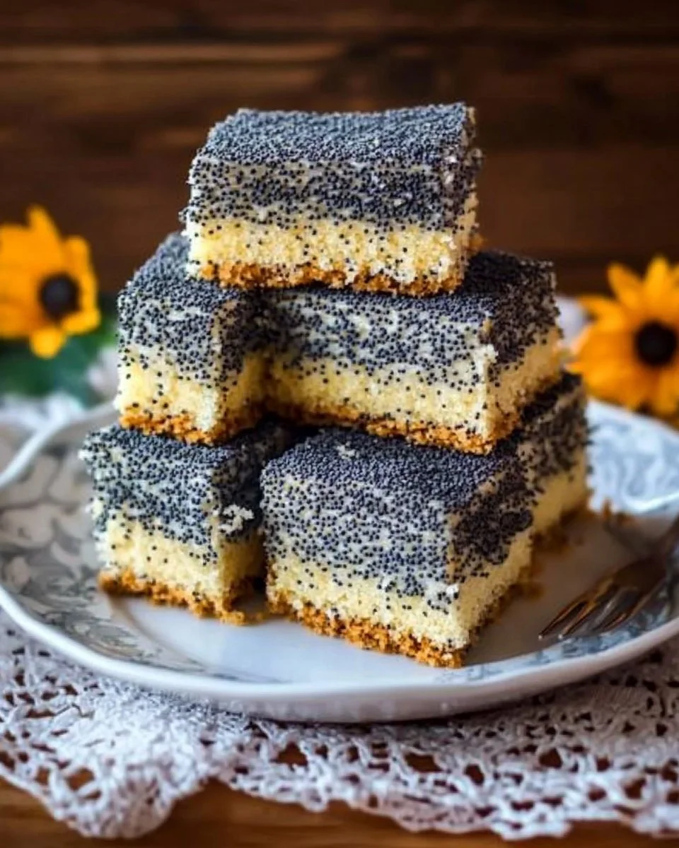Eine Scheibe Mohnkuchen auf einem Teller mit einer Tasse Kaffee im Hintergrund.