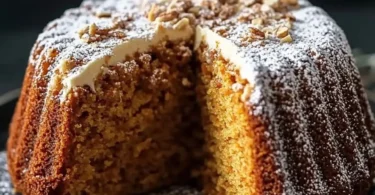 Himmlischer Möhrenkuchen mit frischen Möhren und Nüssen auf einem Teller serviert.