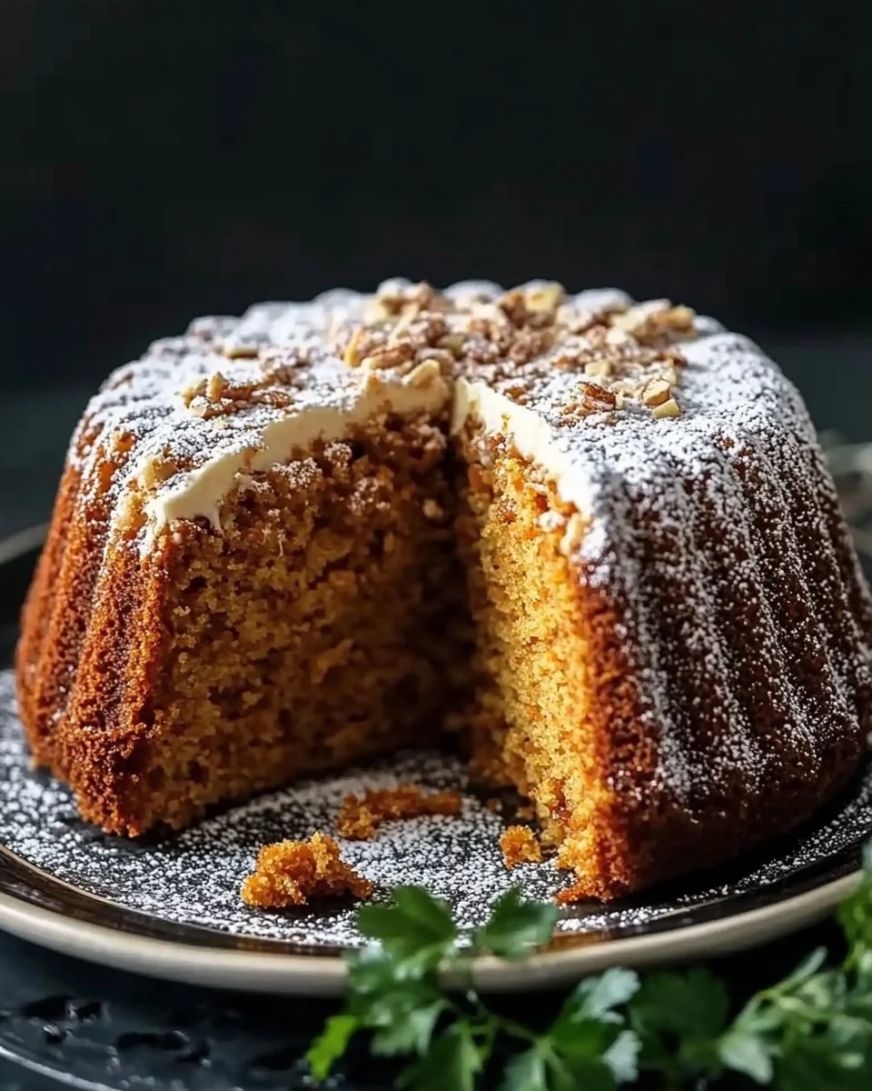 Himmlischer Möhrenkuchen mit frischen Möhren und Nüssen auf einem Teller serviert.