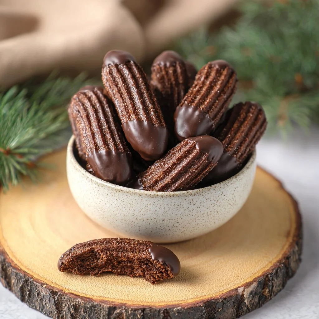 Leckere Nougatstangen auf einem Teller mit Schokoladenglasur