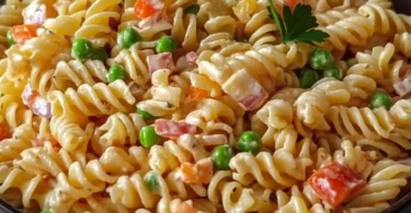 Nudelsalat mit leckerer Geheimsoße auf einem bunten Teller angerichtet